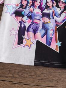 Young Girl Y2K Contrast Color Print Set - Gray & Black Colorblock Short Sleeve Top + Striped Flare Pants, "HEY GIRL" Letter Design, Streetwear Style, Suitable For School, Music Festivals, Casual Daily Wear, And Fashion Photoshoots - Grey - View 5