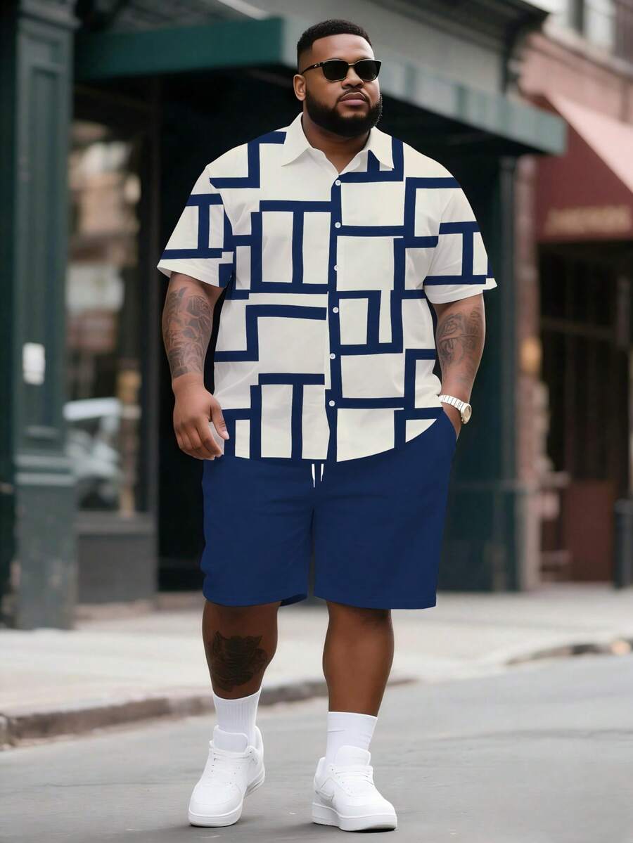 Plus Size Men's Casual Suit, Line Art Maze Print Short Sleeve Shirt And Loose Beach Shorts, 2-Piece Outfit For Casual Outings, Spring/Summer/Autumn - Blue - View 1