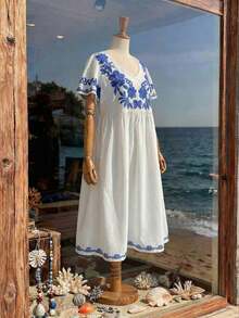 Vestido casual de manga corta con estampado floral diminuto para tallas grandes - Azul y blanco - Ver 3
