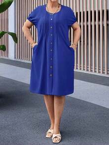Vestido casual plisado de manga raglán de cuello redondo y manga corta de unicolor talla grande - azul real - Ver 3