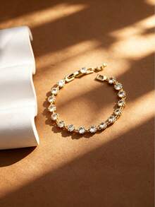 1 chiếc vòng tay thiết kế vàng đính đá Zirconia mới về mùa Xuân/Hè, mạ đồng, thời trang đính đá, dây xích thường, sang trọng, unisex. - Vàng - Xem 1