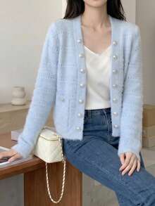 Cardigan court et décontracté de style doux, automne/hiver - Bleu azur - Voir 9