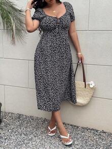 Vestido corto de manga corta con estampado de patrón de collar de diamantes en talla grande - Negro - Ver 3