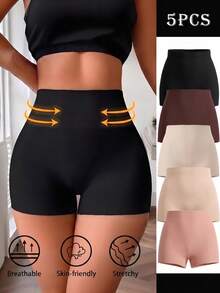 5pcs Women's High Waist Seamless Anti-Exposure Tight Elastic Comfortable Hip-Flattering Safety Shorts - Multicolor - View 1