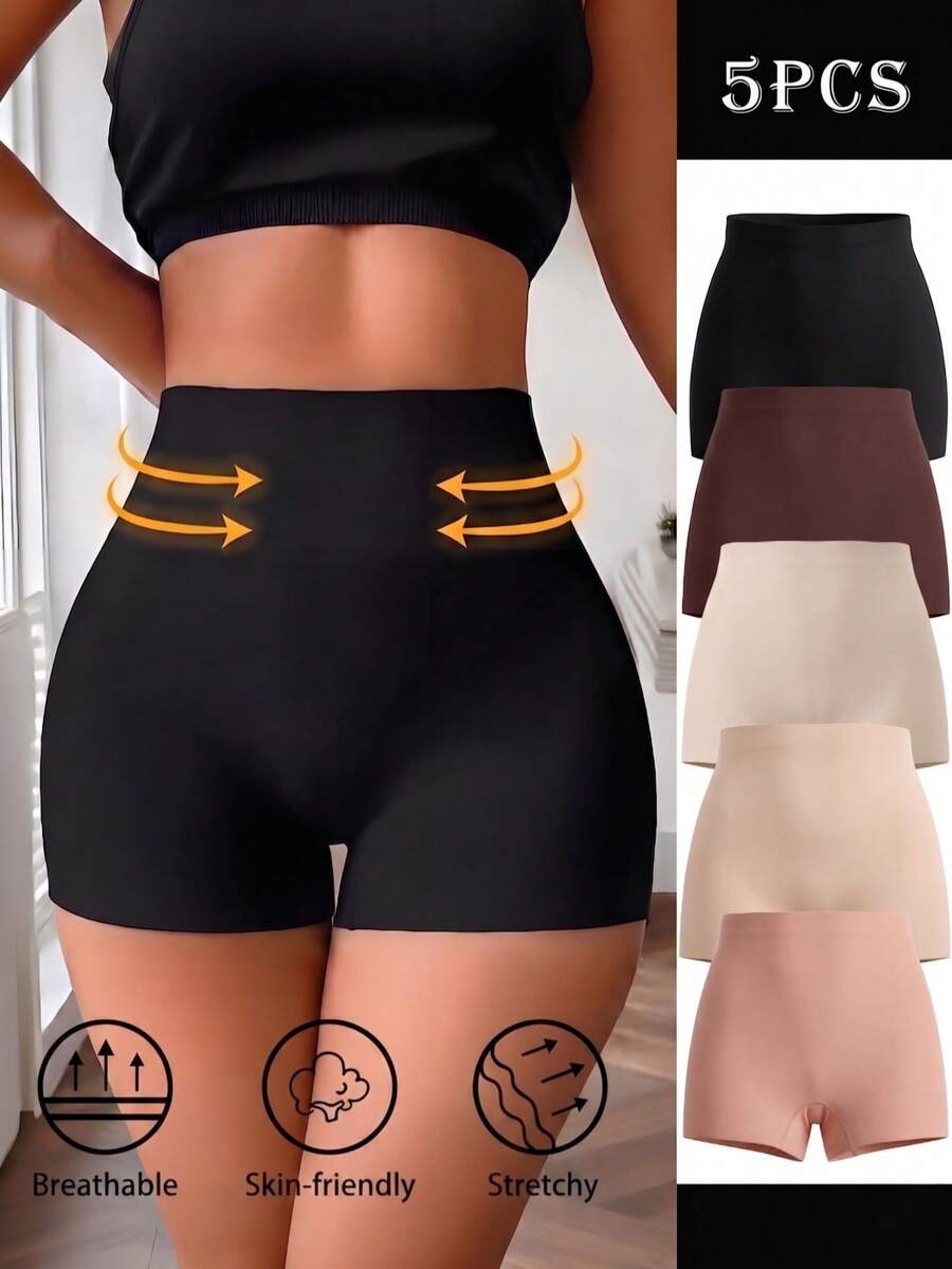 5pcs Women's High Waist Seamless Anti-Exposure Tight Elastic Comfortable Hip-Flattering Safety Shorts - Multicolor - View 1