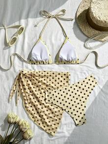 Traje de baño bikini retro para mujer, estilo de lunares en color crema, top de cuello halter y pareo transparente, tela elástica de secado rápido, perfecto para escapadas costeras, carnaval y looks de día en la playa - Azul - Ver 8