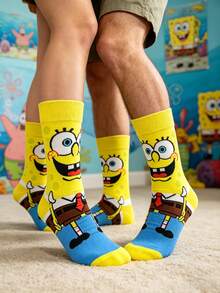 SpongeBob SquarePants 1 Pair Unisex Yellow & Blue Contrast Cartoon Smiling Face Print Mid-Calf Socks, Fun & Casual For All Seasons - Multicolor - View 3