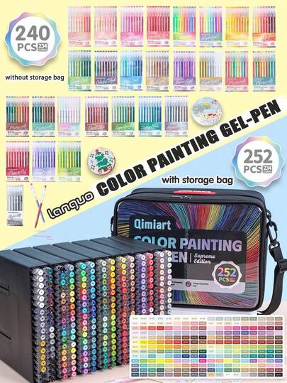 Bộ bút gel 27 màu, thẻ 9 màu, hộp quà 45/72/99 màu, bộ túi xách 162 màu 168 món, bộ túi đeo chéo 234 màu 252 món, đầu bút thép không gỉ 0.6mm, dung tích mực lớn, viết trơn tru, thích hợp cho viết nhật ký, vẽ nguệch ngoạc, ghi chú, minh họa, vẽ sáng tạo, nhiều lựa chọn màu sắc cho học sinh và nghệ sĩ.