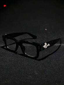 POLASUP 1pc & Heart Decor Metal Frame Thick Retro Classic Korean Style Square Lens Glasses (With Glasses Strap), Light Glasses Computer, Gaming - 黑色 - 查看 1