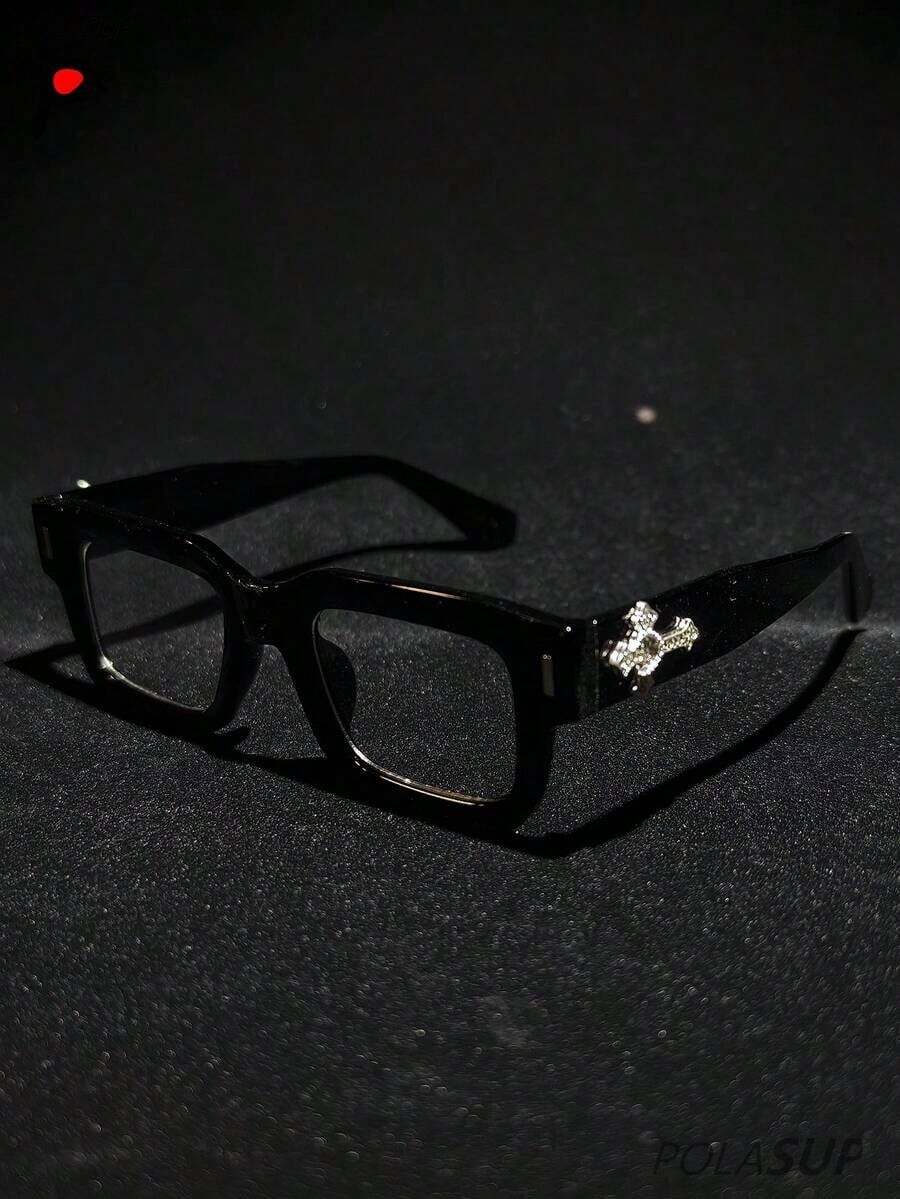 POLASUP 1pc & Heart Decor Metal Frame Thick Retro Classic Korean Style Square Lens Glasses (With Glasses Strap), Light Glasses Computer, Gaming - 黑色 - 查看 1