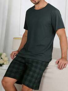 Men's Casual Lightweight Pajama Set, Round Neck Pullover Plaid Print Short Sleeve Top And Shorts, Comfortable Loungewear Set With Elegant Feel, Summer - Multicolor - View 5