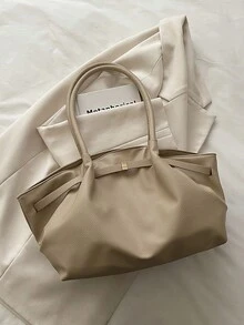 1pc Vintage Women's Handbag, Casual Fashion Large Capacity Versatile Underarm Shoulder Bag, New Commuting Work Tote Bag, Solid Color Buckle Closure, Embossed Texture, Strap Decor, Suitable For Outing, Shopping, Commuting, Office, Business, Birthday Gift - Khaki - View 10