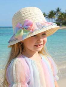 1顶幼儿女童彩虹蝴蝶结米色草帽，夏季防晒沙滩/户外透气宽檐草帽，适合3-8岁儿童 - 1PC - 查看 5