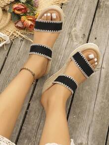Women's Straw Wedge Rope Open Toe Slippers, Thick Sole Elevated Summer Outdoor Sandals - Black - View 4