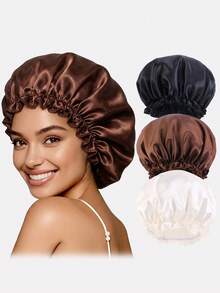 3pcs Women's Solid Color Lace Satin Sleep Cap, Faux Silk Hair Care Cap For Daily Use,Holiday,Festival - Black/Coffee/Khaki - View 17