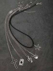 Set Kalung Liontin Gaya Gotik Vintage 5 Buah dengan Hiasan Berlian Imitasi, Bentuk Salib, Hati, Mawar, Bintang, Gitar, dan Kartu Remi untuk Pria dan Wanita - Perak - View 6