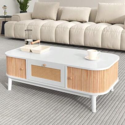 Coffee Table - Rattan Coffee Table, Drawers With Rattan And Sliding Doors With Solid Wood Slats, Solid Wood Legs, Natural Country Style.