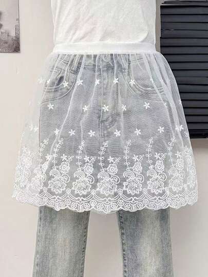 Embroidered Lace Hem Layering Skirt, Ins Floral Trim Mini Skirt, Casual Undershirt Base Hip Cover Dress