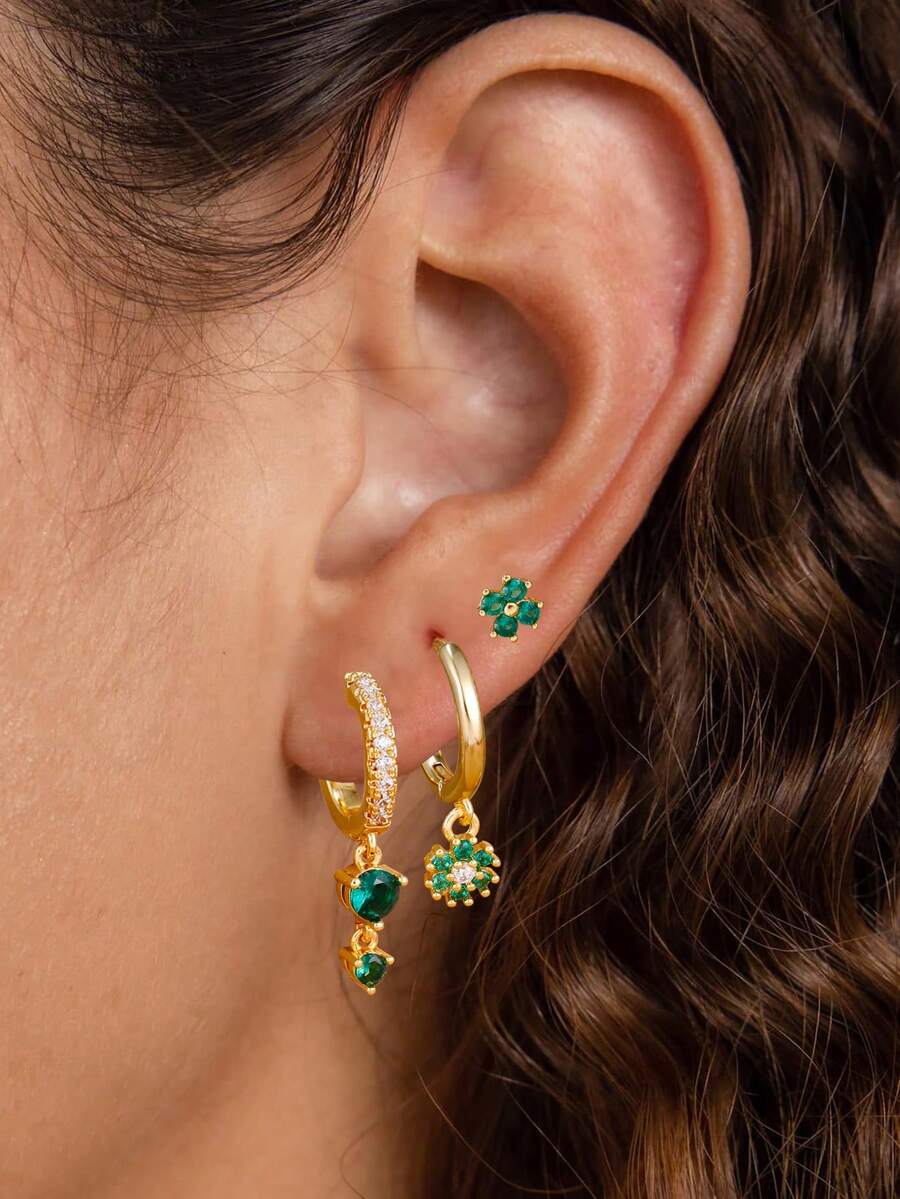 3PCS 18K Gold Plated Stainless Steel Green Crystal Drop Earrings Set For Women Geometric Round Flower Pendant Earring Cartilage Piercing Jewelry - 1-gold-3pcs - View 1