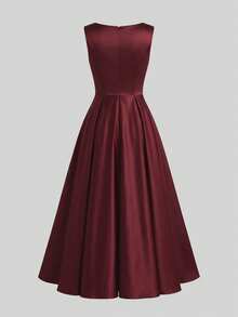 Vestido de mujer de satén burdeos, elegante y de moda, vestido de fiesta sin mangas con cuello de volantes para el verano - Burdeos - Ver 6