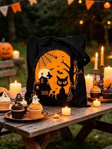 1 pieza Bolsa de tela para Halloween, con asas con diseños de gato negro, fantasma, murciélago, araña y telaraña. Bolsa de compras y monedero de gran capacidad para mujeres. Bolsa de Halloween, perfectamente adecuada para varias fiestas, moda de Halloween y estilo gótico, puede contener libros, bolsas de compras y útiles escolares. - multicolor - Ver 3