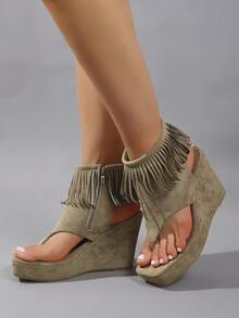 1 Pair European And American Style Wedge Heel Gladiator Sandals, Thick Sole High-Top Sexy Side Zipper Fringe Women Shoes - Khaki - View 4