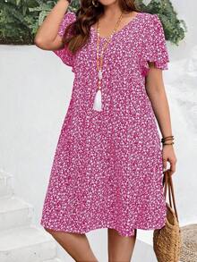 Vestido casual de manga corta con estampado floral diminuto para tallas grandes - Rosa - Ver 4