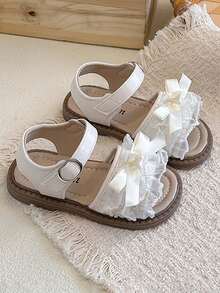 Sandalias de princesa con lazo de encaje para niñas, nuevas sandalias de verano suaves y antideslizantes con hebilla para niñas pequeñas - Beis - Ver 2