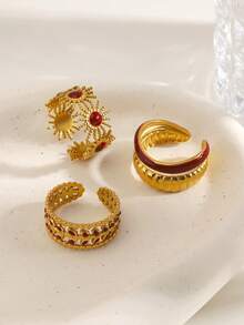 3pcs/Set Stainless Steel Fashionable Red Drip Oil Sun Ring Set, Suitable For Women's Daily Wear - Multicolor - View 4