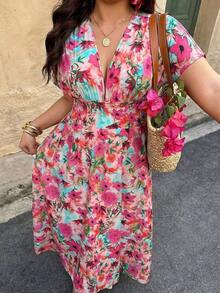 Weeklong Vestido de mujer talla grande con cuello en V profundo y estampado aleatorio - Multicolor 15 - Ver 10