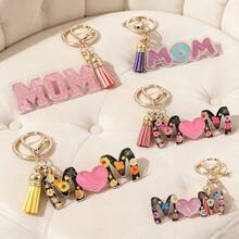 1 Pc Mother's Day MOM Letter Keychain, Floral & Donut Print Acrylic Bag Charm With Tassel, Cute "MOM" Key Ring Gift For Mom, Fashion Backpack Accessory - Multicolor - View 2