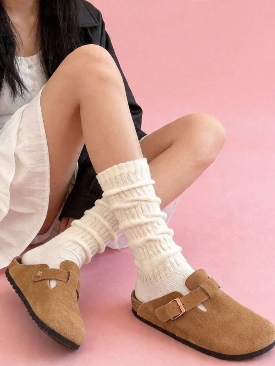 1 đôi tất cao đến đầu gối, thích hợp mặc hàng ngày. - trắng - Xem 1