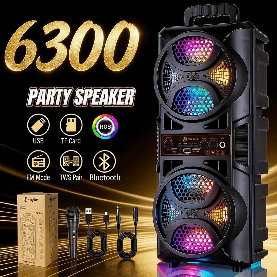 Cinolink Portable Bluetooth Speaker, Dual Subwoofers For Stereo Sound, Outdoor Party Speaker, Supports FM Radio, LED Multi-Color Lights, With Microphone, Supports TF/FM Radio/USB/AUX, Suitable For Home, Party, Travel, Christmas Party - 黑色 - 查看 1
