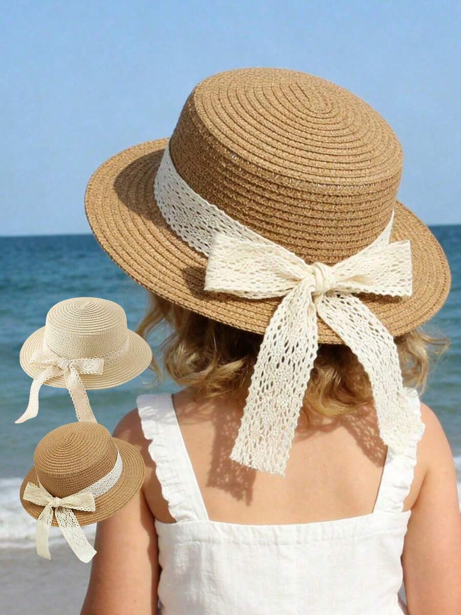 1pc Girls' Fashion Straw Hat With Elegant Bow Tie, Sun-Shading Beach Bucket Hat, Summer - 1PC - View 1