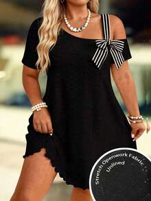 Linhara CURVE Vestido casual holgado de manga corta con textura calada y elástica, a rayas y parches, con lazo, de talla grande, elegante y de moda para el trabajo y el uso diario - Negro - Ver 1