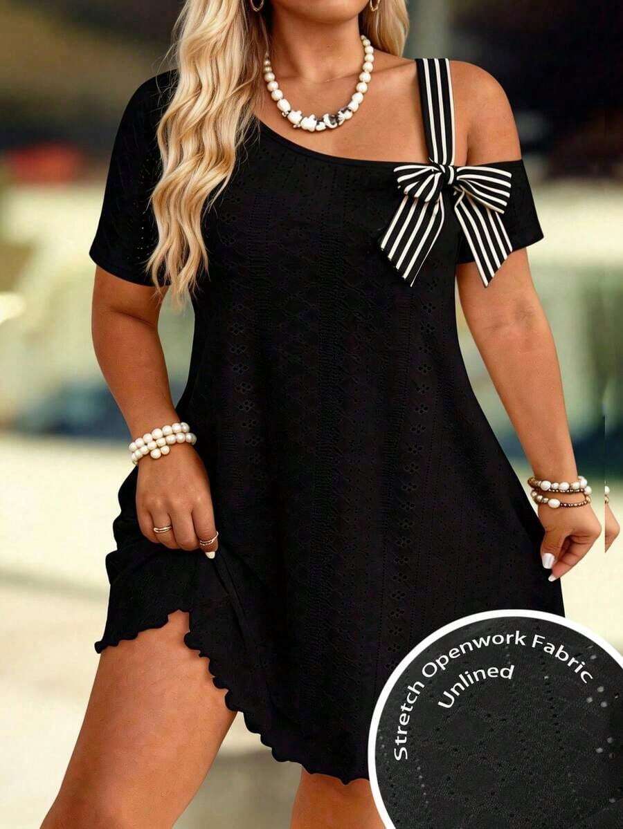 Linhara CURVE Vestido casual holgado de manga corta con textura calada y elástica, a rayas y parches, con lazo, de talla grande, elegante y de moda para el trabajo y el uso diario - Negro - Ver 1