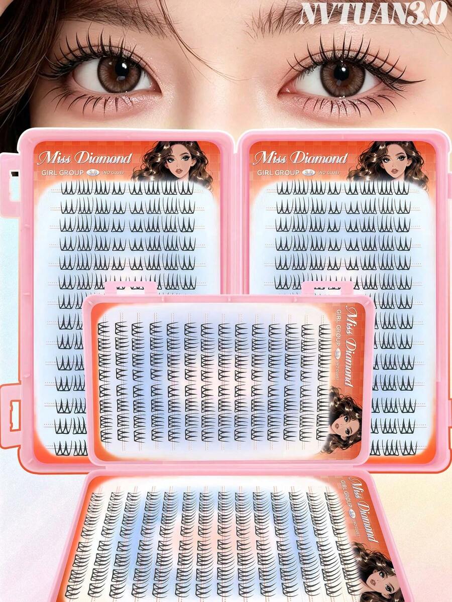Miss Diamond 224 piezas de pestañas postizas en racimos sin pegamento de estilo Idol 3.0, pestañas postizas autoadhesivas tipo manga con efecto wispy - C - Ver 1
