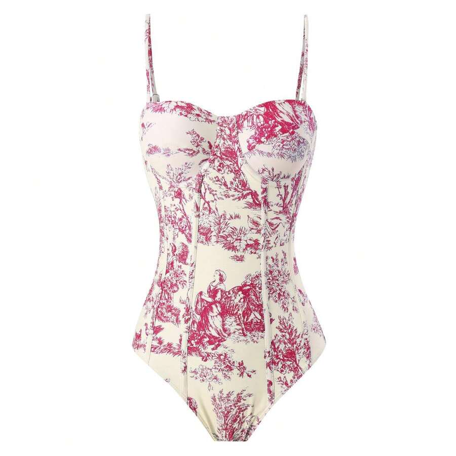 Boho Sexy Women's Bikini Set With Spaghetti Strap, 3D Rose Details, V-Strings, And Slight Stretch Fabric For An Elegant Look - 紅色單人泳衣 - 查看 1