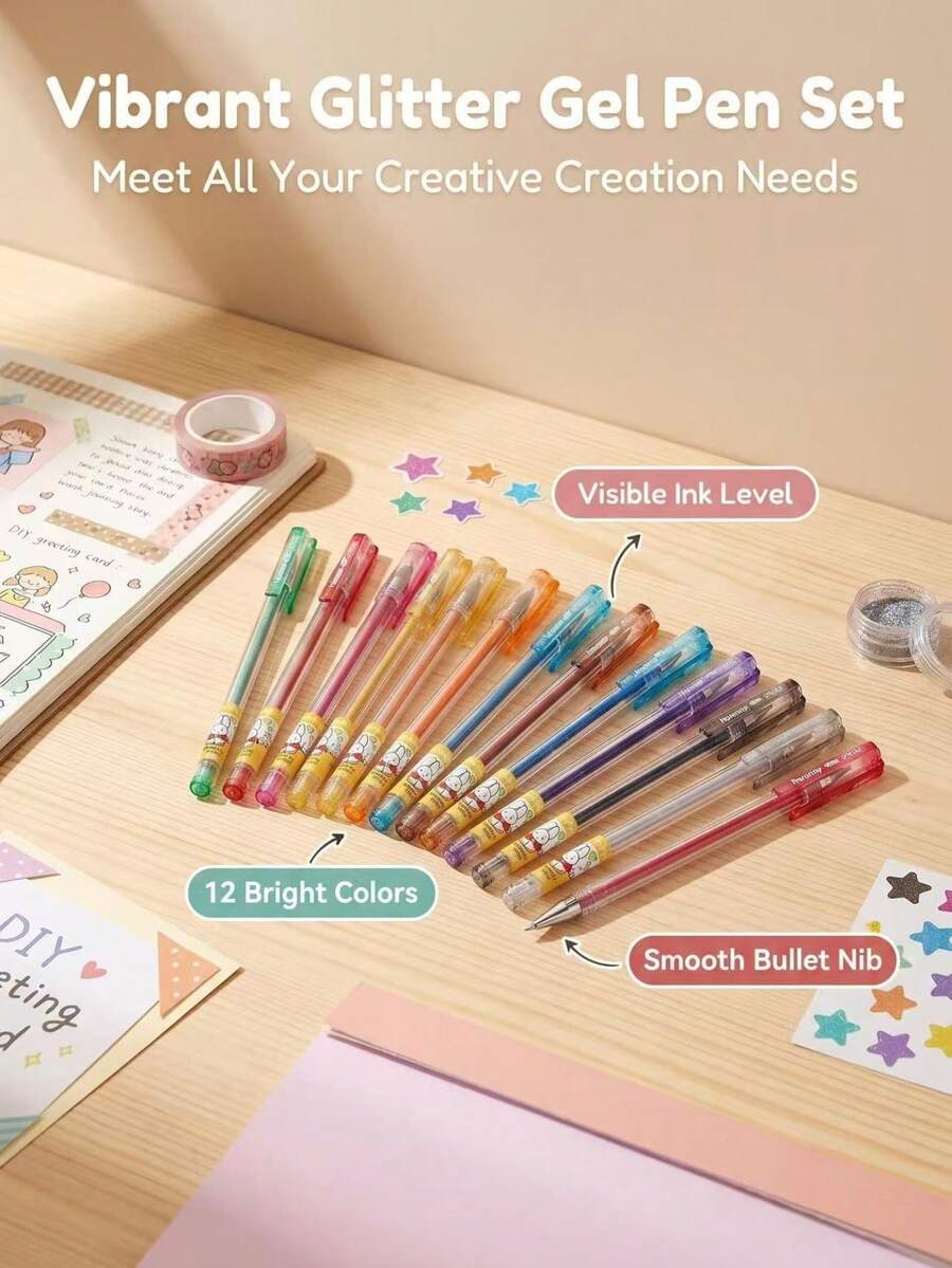 12 Colors Glitter Gel Pens, Metallic Vibrant Sparkle Colors, Capped Glitter Gel Pens For Adults Kids, Fine Point 0.7mm For Adult Coloring Books And Drawing, Journaling,Christmas Gift,Student Gift - Sets - View 1