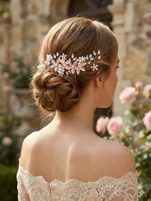 1pc Rose Gold Beaded Headpiece With Rhinestone, Minimalist Bridal Hair Accessory For Wedding Gown Valentine's Day Accessories - Rose Gold - View 3