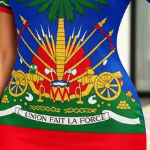 Women's Bodycon Dress, Haitian Print Women's Dress - Short-Sleeved Strapless Dress, Suitable Haitian-Themed Parties, Events, And Cultural Attire, Washable Slim-Fit Bodycon Dress With Ruffled Hem (Blue, Green, And Red Color-Blocking Design) In Plain Fabric - 混合色 - 查看 11