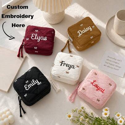 Personalized Quilted Bow Embroidery Mini Cosmetic Bag, Cute Zipper Makeup Pouch For Girl Girls, Portable Sanitary Pad Storage Organizer, Lightweight Travel Toiletry Case, Aesthetic Small Beauty Bag Gift For Daily Use