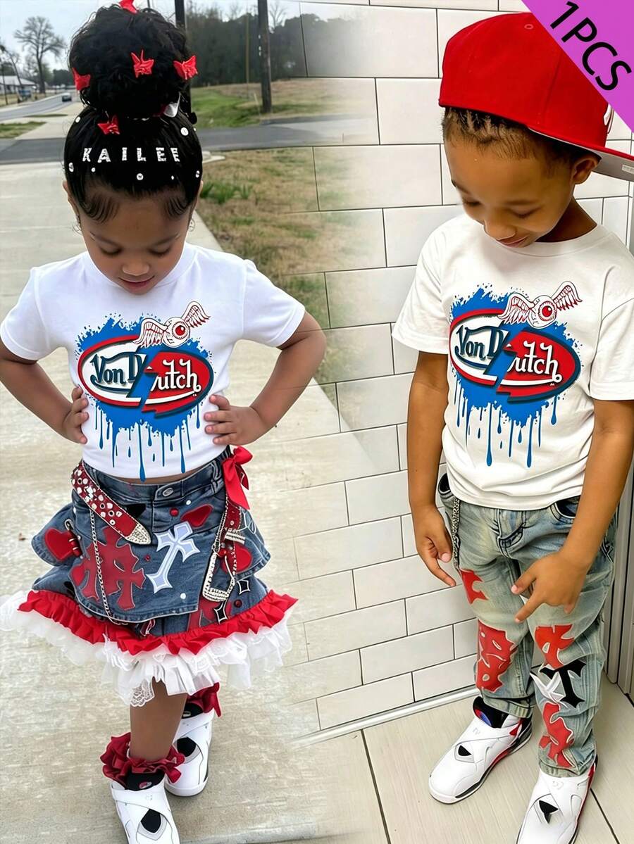 Children's White Short-Sleeved T-Shirt With Von Logo And Wing Pattern, Unisex Summer Round Neck Top, Unisex White Printed Short-Sleeved Top. - White - View 1