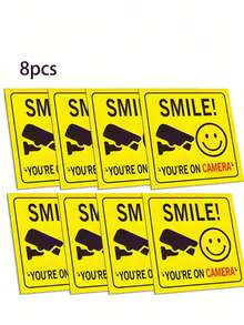 1pc/8pcs Smile Reminder Stickers, Surveillance Prompt. "Smile, You Are On Camera" Window Decals - Polite Video Surveillance Alert Stickers With Camera Icon, Yellow And Black, Suitable For Home, Business, Yard, Driveway Security, Camera Stickers - Multicolor - View 9