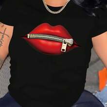 Talla Grande - Talla Grande - Camiseta de Mujer Talla Grande con Estampado de Labios Rojos - Negro - Ver 1