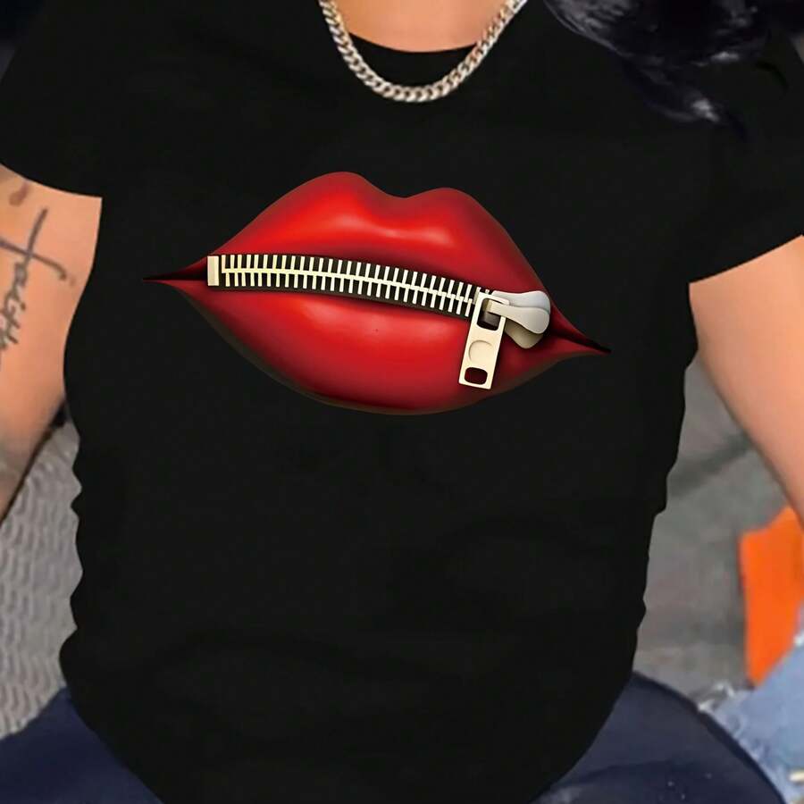 Talla Grande - Talla Grande - Camiseta de Mujer Talla Grande con Estampado de Labios Rojos - Negro - Ver 1