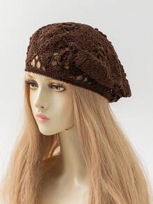 1 chiếc mũ beret nữ thời trang mùa xuân/thu, kiểu dáng rỗng, nhẹ, đan móc thủ công hình hoa hồng, phù hợp với phong cách boho hàng ngày. - A - Xem 6