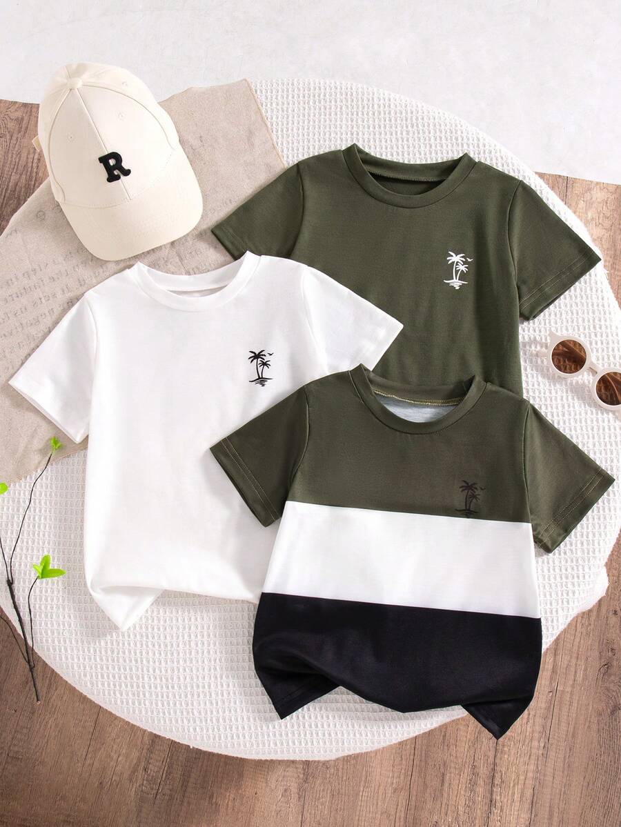 3pcs/Set Boys' Casual Printed Short Sleeve T-Shirts, Random Decorative Patterns For Everyday Wear - Dark Green - View 1