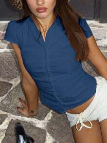 Chemise d'uniforme scolaire décontractée pour femme, sexy vintage bleu marine, col à boutons, manches courtes, coupe slim, devant plissé, été & hiver - Bleu marine - Voir 5
