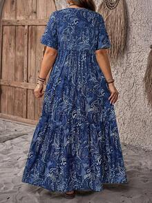 Vestido con estampado floral de talla grande, estilo casual de vacaciones - Azul - Ver 2